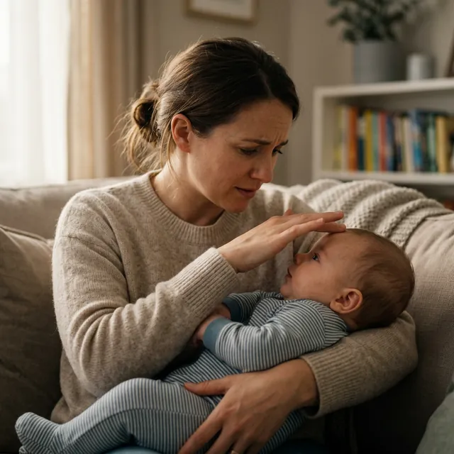 Madre cuidando a su bebé con fiebre